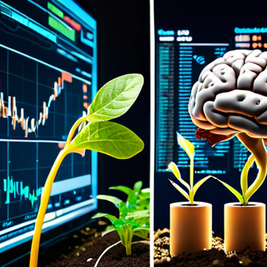 **

A split-screen image. On the left, a person carefully tending to seedlings in a garden, representing factor investing. Each seedling has a tag with financial ratios like "P/E" and "P/B." On the right, a complex network of glowing computer code with a 3D model of a brain in the center, symbolizing quant investing and algorithmic analysis. The background should be a stylized stock market chart. The overall feel should be modern and tech-focused.

**