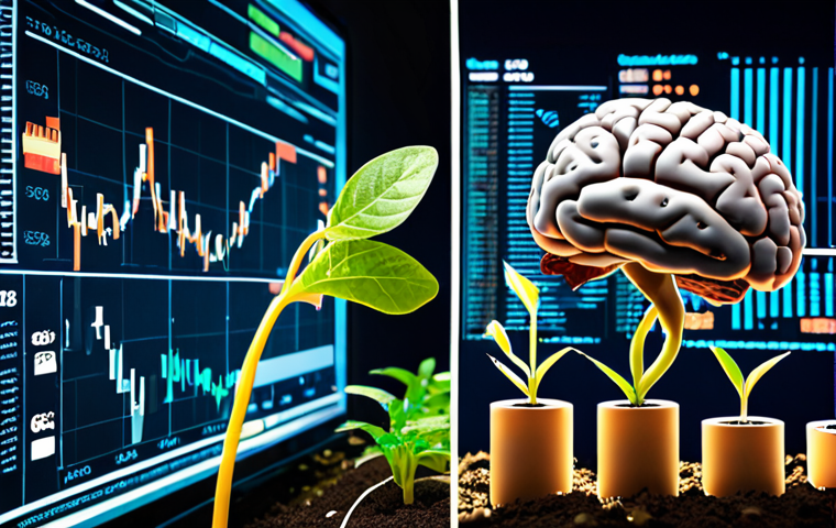 **
A split-screen image. On the left, a person carefully tending to seedlings in a garden, representing factor investing. Each seedling has a tag with financial ratios like "P/E" and "P/B." On the right, a complex network of glowing computer code with a 3D model of a brain in the center, symbolizing quant investing and algorithmic analysis. The background should be a stylized stock market chart. The overall feel should be modern and tech-focused.
**
