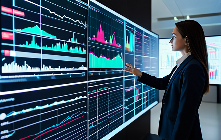 A focused, professional data scientist, male or female, in a modest business casual outfit, observing multiple large holographic screens displaying complex financial charts, algorithms, and real-time market data. The setting is a sleek, futuristic quantitative analysis lab with soft ambient lighting, conveying innovation and deep thought. Perfect anatomy, correct proportions, well-formed hands, natural body proportions, professional dress, appropriate attire, safe for work, appropriate content, fully clothed, high-resolution, sharp focus, vibrant colors, professional photography.