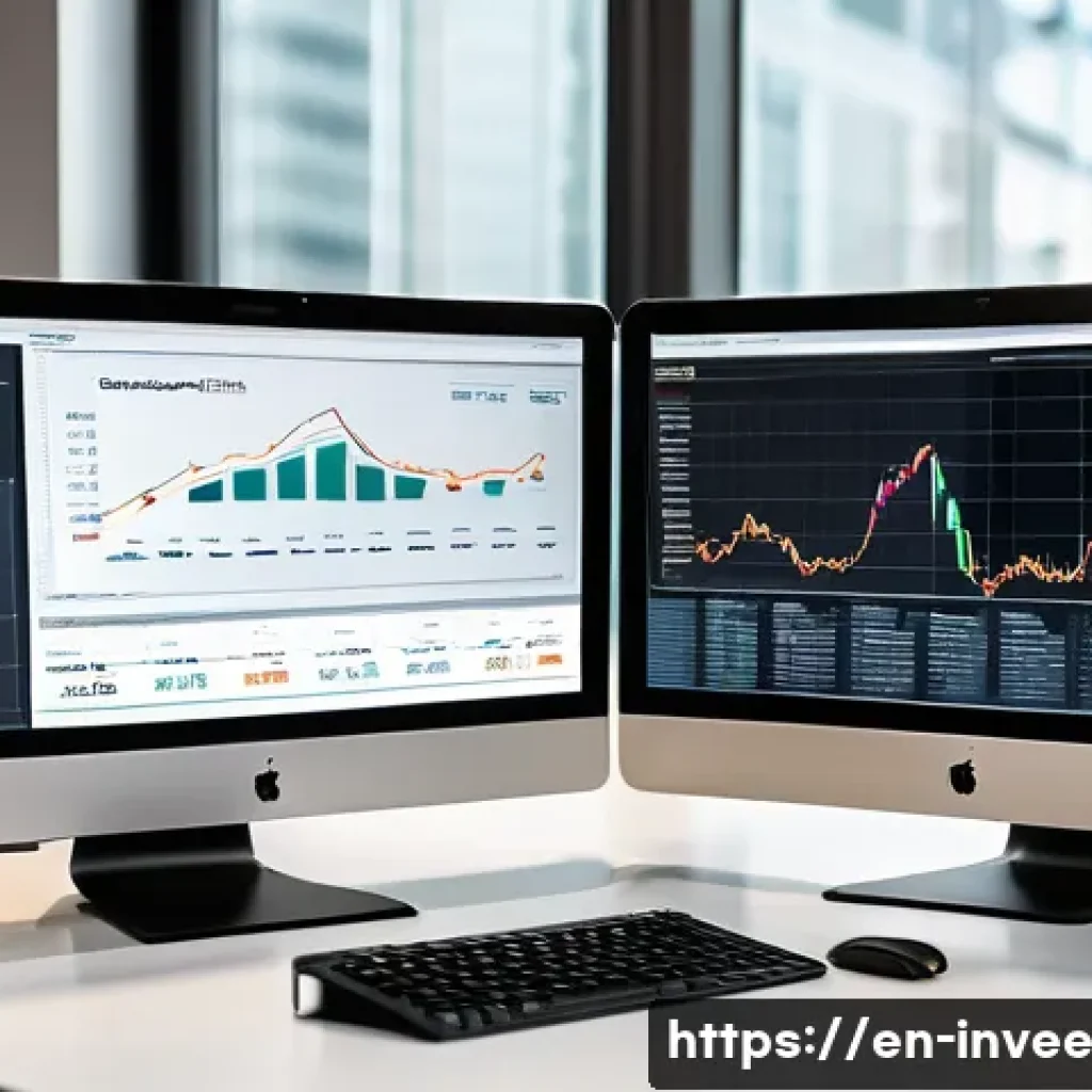리스크 프리미엄과 팩터 투자 관계 - A professional investor’s workspace featuring multiple high-resolution screens displaying dynamic fi...