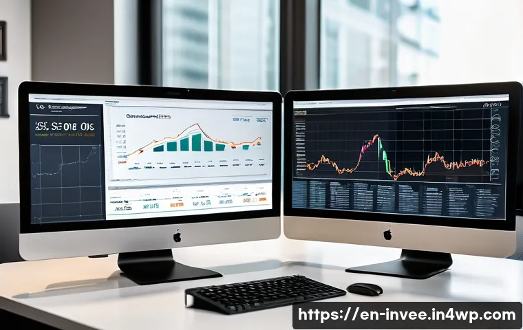 리스크 프리미엄과 팩터 투자 관계 - A professional investor’s workspace featuring multiple high-resolution screens displaying dynamic fi...
