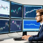 팩터 투자에서 연구 결과의 적용 여부 - A sophisticated financial analyst in a modern office setting, studying multiple large screens displa...