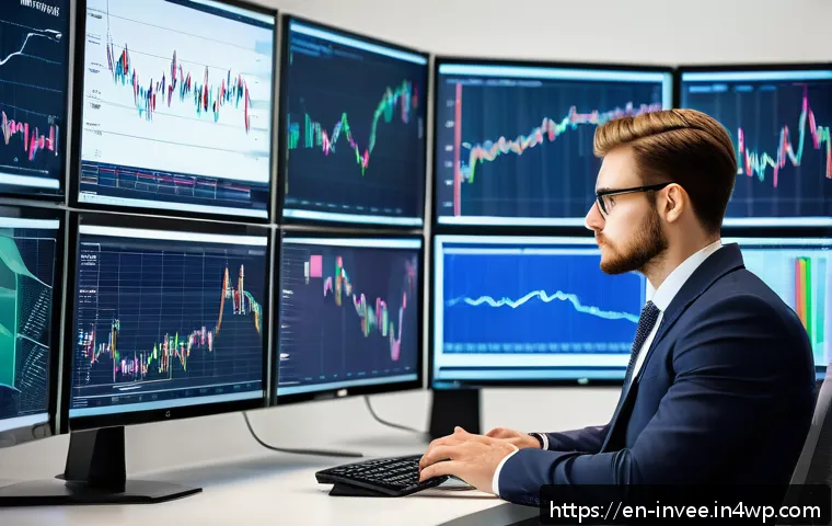 팩터 투자에서 연구 결과의 적용 여부 - A sophisticated financial analyst in a modern office setting, studying multiple large screens displa...