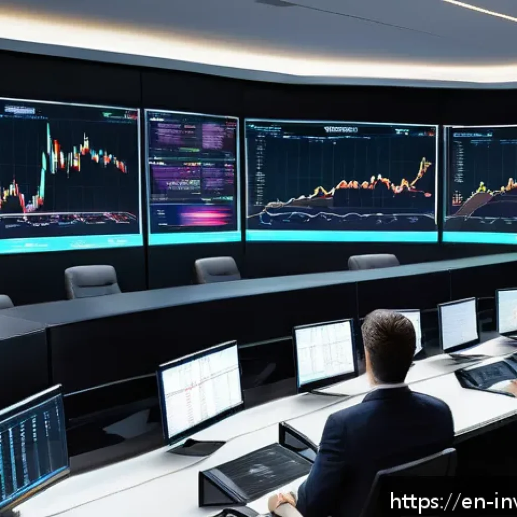 팩터 투자와 기업 분석의 관계 - A sophisticated modern trading room with multiple large screens displaying complex stock charts, qua...