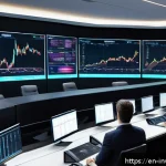 팩터 투자와 기업 분석의 관계 - A sophisticated modern trading room with multiple large screens displaying complex stock charts, qua...