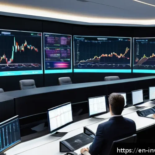 팩터 투자와 기업 분석의 관계 - A sophisticated modern trading room with multiple large screens displaying complex stock charts, qua...
