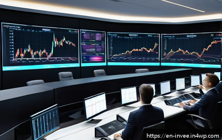 팩터 투자와 기업 분석의 관계 - A sophisticated modern trading room with multiple large screens displaying complex stock charts, qua...