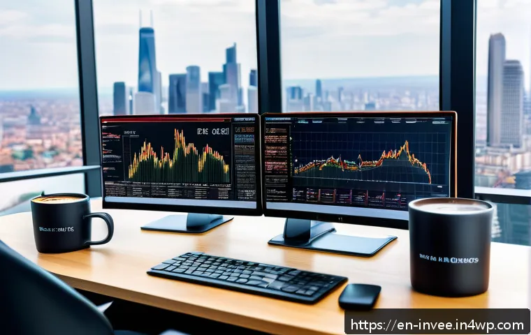 장기 투자와 단기 투자에서의 팩터 활용 - A sophisticated financial analyst’s workspace featuring multiple high-resolution monitors displaying...