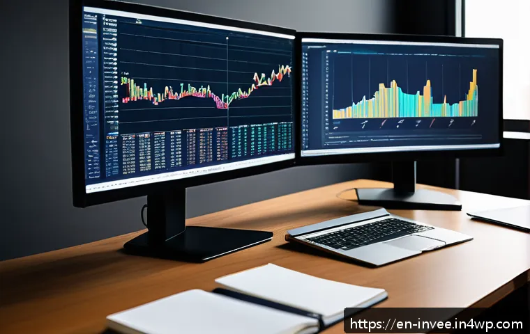 팩터 투자와 장기적인 투자 전략 - A modern financial analyst’s workspace featuring multiple large computer monitors displaying colorfu...