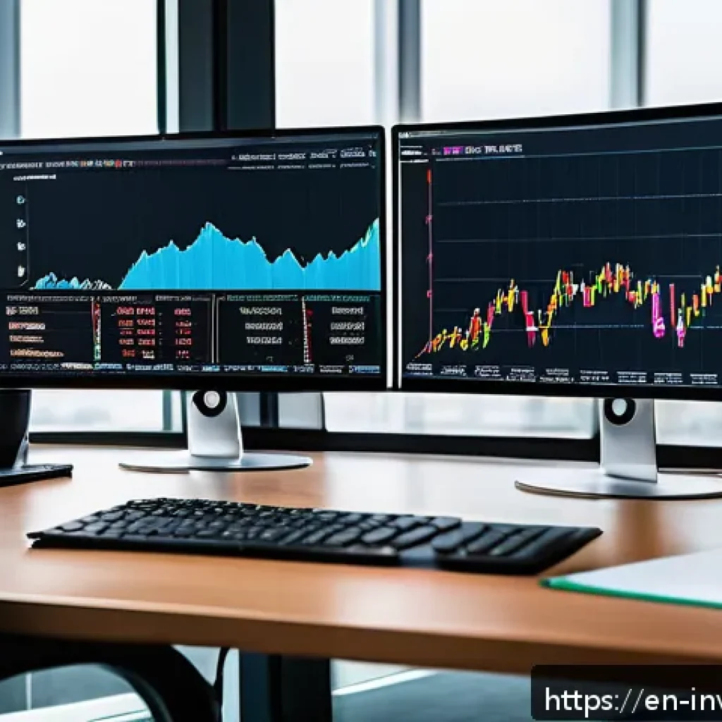 성장주와 가치주의 팩터 분석 - A detailed professional workspace scene showing a financial analyst’s desk with multiple computer sc...