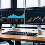 성장주와 가치주의 팩터 분석 - A detailed professional workspace scene showing a financial analyst&rsquo;s desk with multiple computer sc...