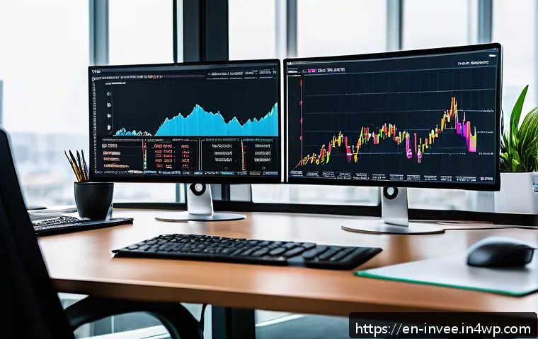 성장주와 가치주의 팩터 분석 - A detailed professional workspace scene showing a financial analyst’s desk with multiple computer sc...