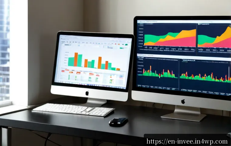 팩터 투자 분석을 위한 데이터 소스 - Photorealistic financial analyst’s desk in a modern American office, dual blank computer monitors di...